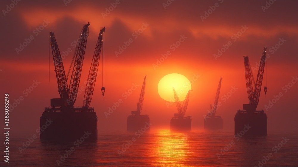 Obraz premium Cranes working the ocean for energy industrial concept. Dramatic Silhouetted Cranes at Sunset over Tranquil Seascape
