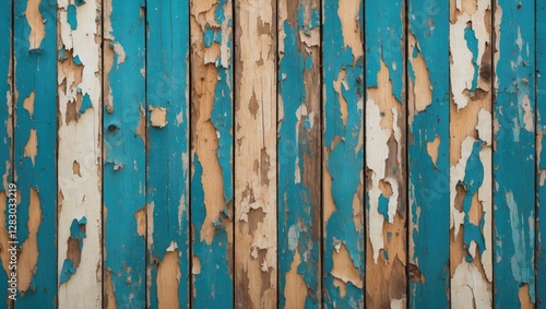 Weathered wooden wall with blue and white paint peeling off, revealing grain and texture of the underlying wood. photo