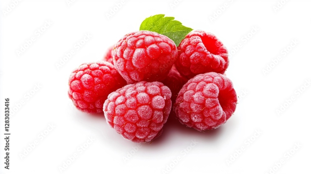 Close-up of five frozen raspberries with a leaf isolated on white background. Generative AI Close-up of five frozen raspberries with a leaf isolated on white background. Generative AI