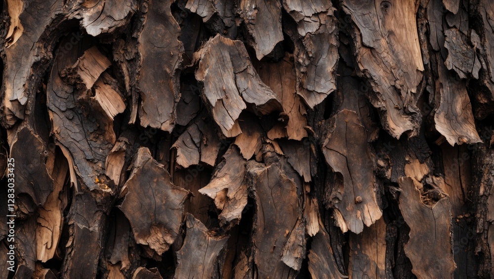 Close-up texture of rough dark brown tree bark with peeling layers and natural patterns Close-up texture of rough dark brown tree bark with peeling layers and natural patterns