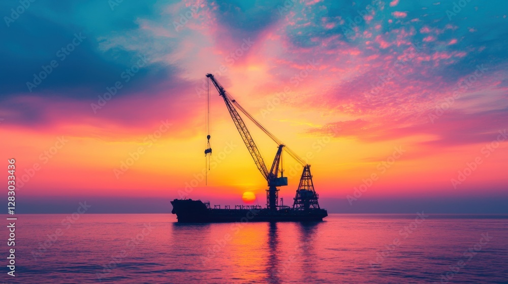 Cranes working the ocean for energy industrial concept. Dramatic Sunset Over Industrial Crane Laden Barge in Harbor Landscape Cranes working the ocean for energy industrial concept. Dramatic Sunset Over Industrial Crane Laden Barge in Harbor Landscape