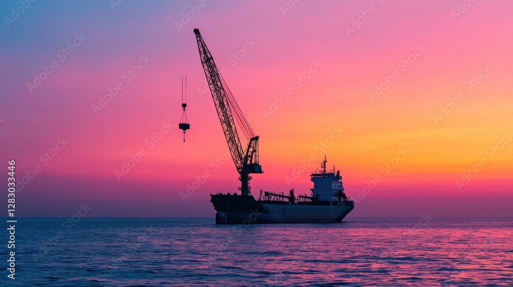 Cranes working the ocean for energy industrial concept. Dramatic Sunset over Offshore Industrial Ship with Giant Cranes Lifting Energy Infrastructure Cranes working the ocean for energy industrial concept. Dramatic Sunset over Offshore Industrial Ship with Giant Cranes Lifting Energy Infrastructure