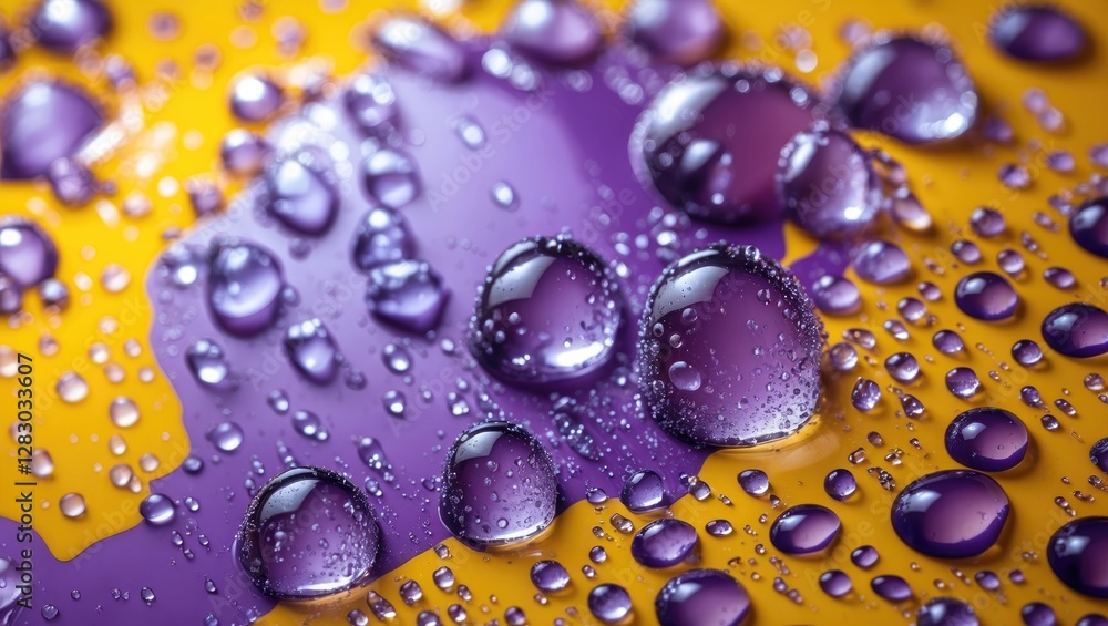 Macro photography of water droplets on a purple and yellow surface highlighting texture and light reflections Macro photography of water droplets on a purple and yellow surface highlighting texture and light reflections