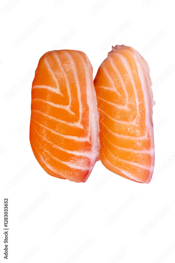 Top view of Japanese fresh salmon sushi with Japanese rice, focus selective Top view of Japanese fresh salmon sushi with Japanese rice, focus selective
