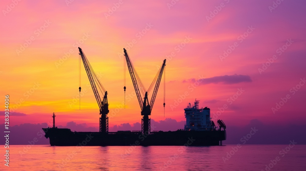 Cranes working the ocean for energy industrial concept. Massive Offshore Construction Vessel Silhouetted Against Vibrant Sunset Sky Cranes working the ocean for energy industrial concept. Massive Offshore Construction Vessel Silhouetted Against Vibrant Sunset Sky