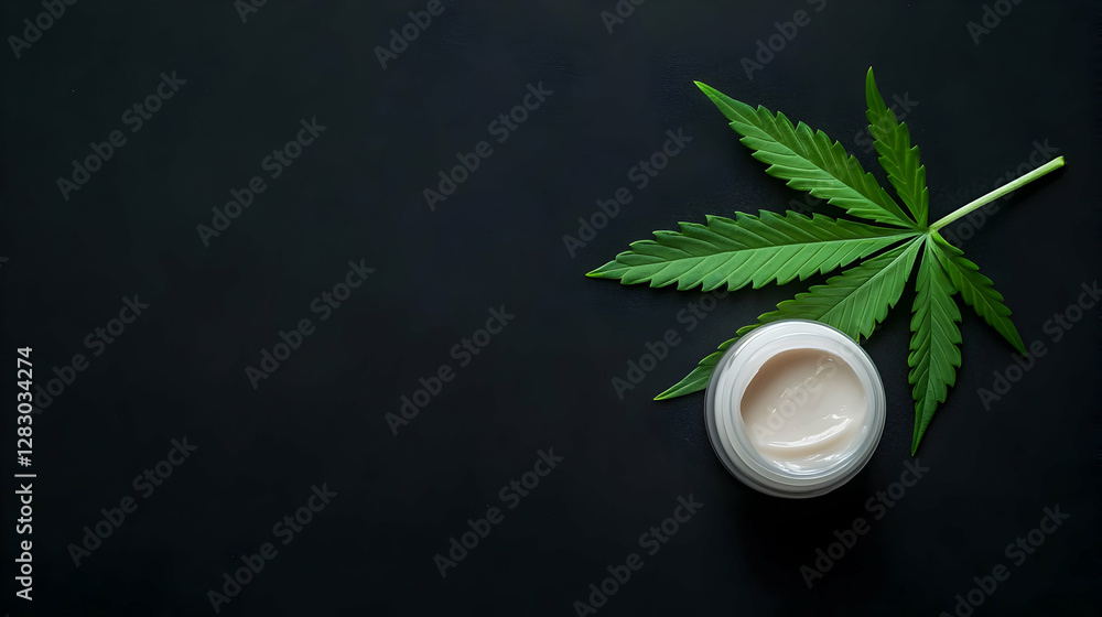 Cannabis Leaf And Cream Jar On Black Background Top View Flatlay Cannabis Leaf And Cream Jar On Black Background Top View Flatlay