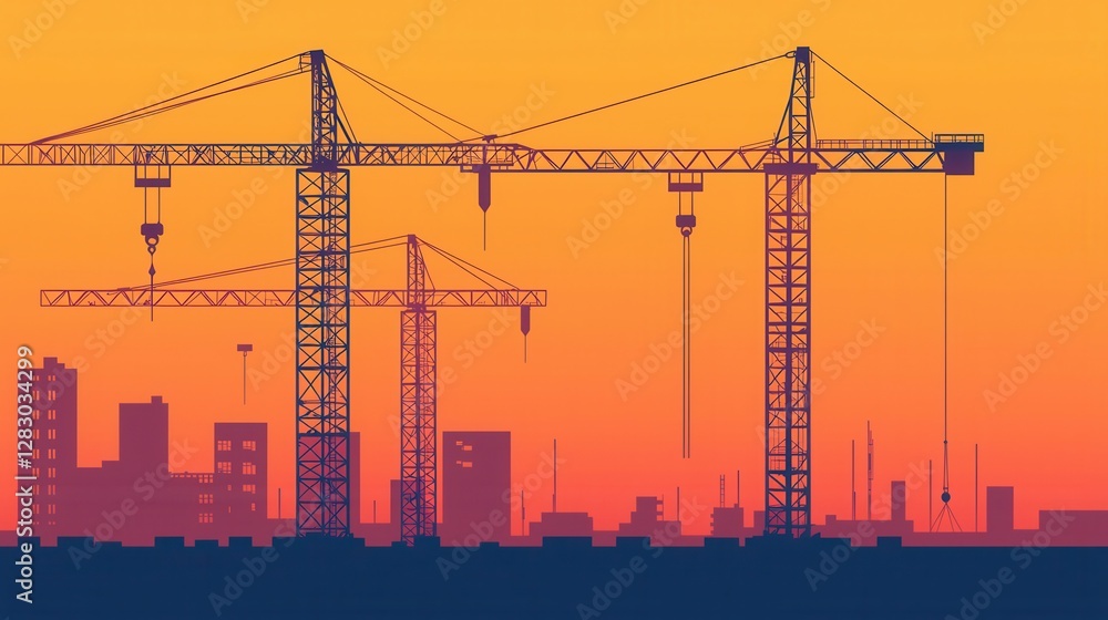 Cranes working the ocean for energy industrial concept. Offshore Energy Station Construction Site at Sunset with Silhouetted Cityscape Cranes working the ocean for energy industrial concept. Offshore Energy Station Construction Site at Sunset with Silhouetted Cityscape