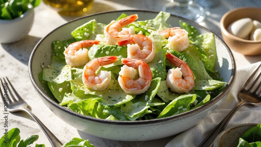 Shrimp salad with fresh lettuce and olive oil on a table in bright natural light with utensils and additional ingredients in the background Shrimp salad with fresh lettuce and olive oil on a table in bright natural light with utensils and additional ingredients in the background