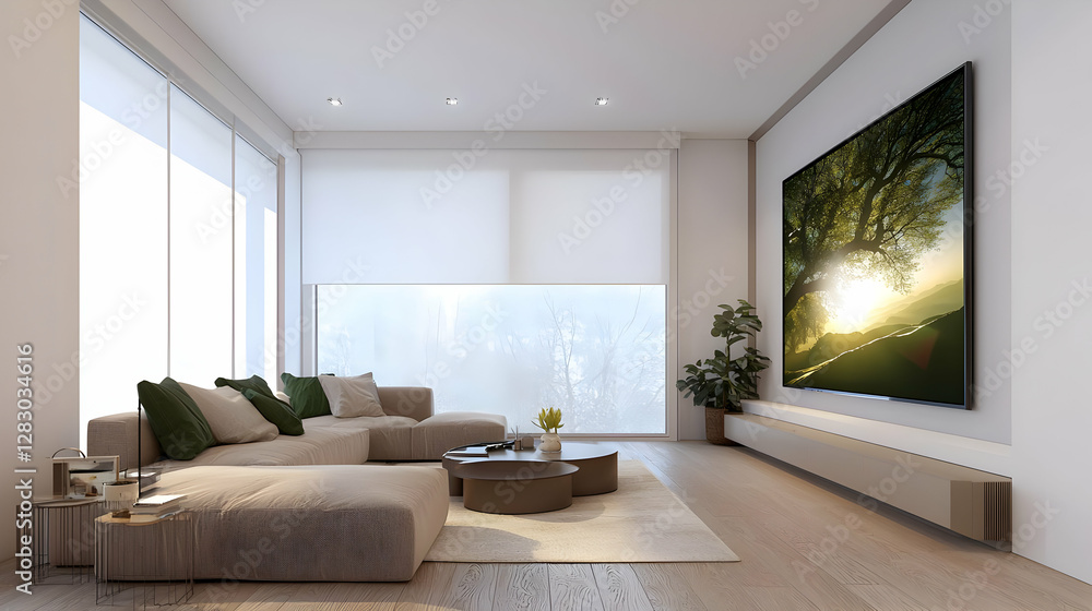 Fototapeta premium Modern Living Room Interior With Beige Sectional Sofa And Large Television Displaying Nature Scene