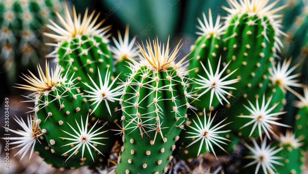 Close-up view of green cacti with long yellow spines and white flowers in a natural desert environment Close-up view of green cacti with long yellow spines and white flowers in a natural desert environment