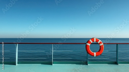 Ocean cruise ship railing with life preserver, clear sky, calm sea