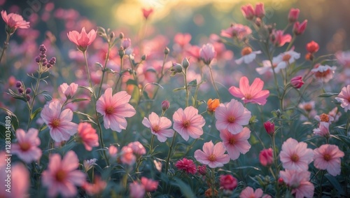 Fototapeta Naklejka Na Ścianę i Meble -  Pink wildflowers blooming in a vibrant field during sunset with soft focus and natural light highlighting floral details