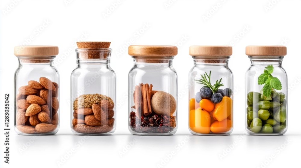 Glass Jars with Various Natural Ingredients and Spices Isolated on White. Generative AI Glass Jars with Various Natural Ingredients and Spices Isolated on White. Generative AI