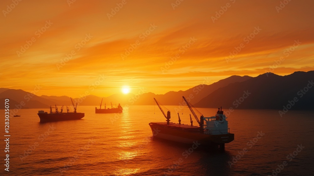 Cranes working the ocean for energy industrial concept. Silhouetted Cranes and Industrial Platforms at Dramatic Sunset over the Ocean Cranes working the ocean for energy industrial concept. Silhouetted Cranes and Industrial Platforms at Dramatic Sunset over the Ocean