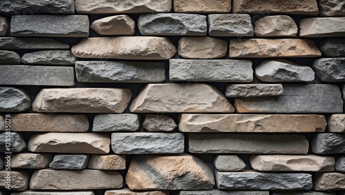 Textured stone wall with various shades of gray and brown in a stacked pattern suitable for construction or interior design projects. photo