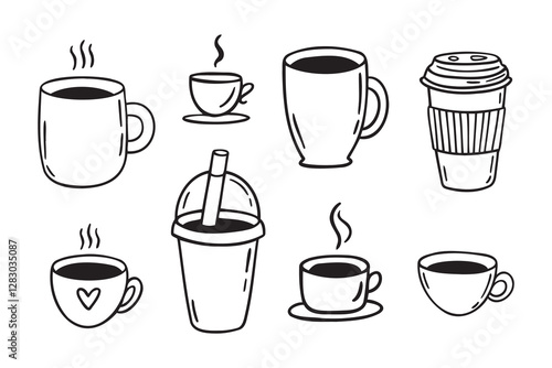 Coffee cups doodle set. coffee cup hand drawn line signs. Outline coffee cups
