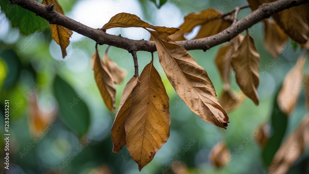 Dried brown leaves hanging on a tree branch with blurred green background in natural light Dried brown leaves hanging on a tree branch with blurred green background in natural light