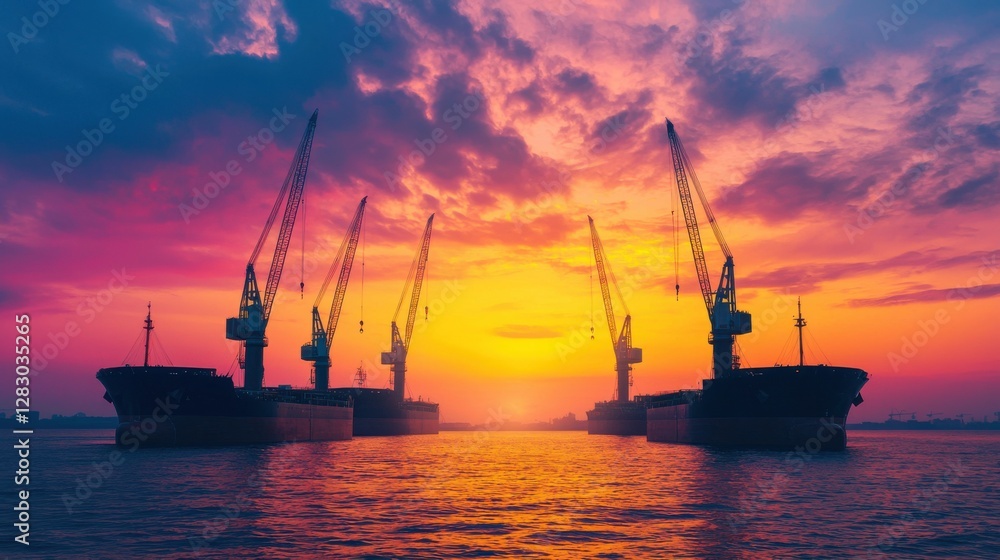 Cranes working the ocean for energy industrial concept. Silhouetted Cranes Orchestrating Sunset Splendor at the Harbor Cranes working the ocean for energy industrial concept. Silhouetted Cranes Orchestrating Sunset Splendor at the Harbor