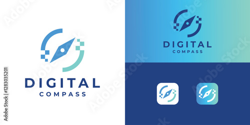 Modern digital compass logo template. North tech logo design vector.