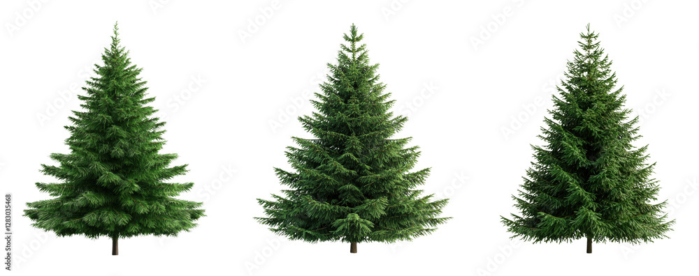 Three distinct evergreen trees on a black background