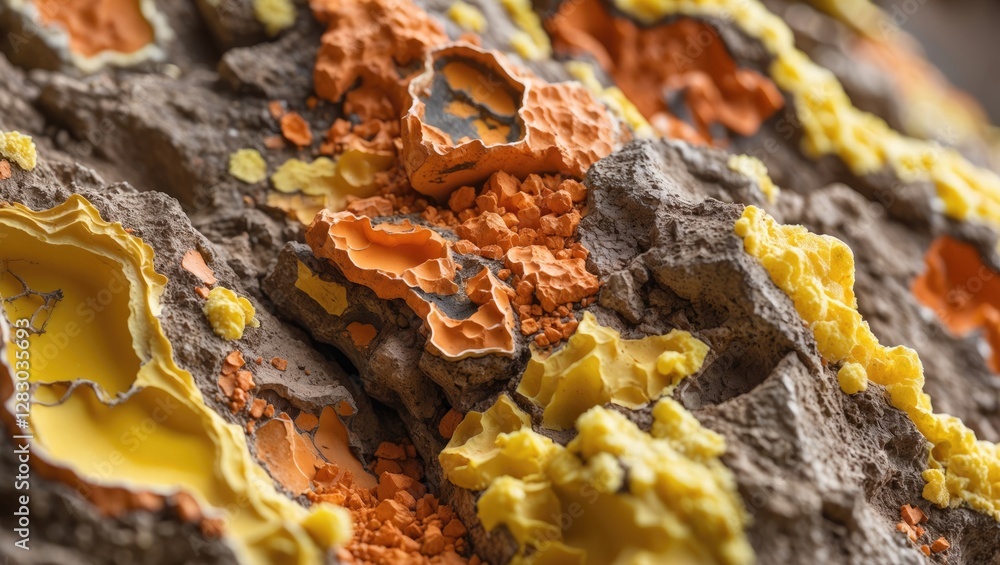 Macro close-up of textured mineral formations with vibrant orange and yellow hues on a rocky surface Macro close-up of textured mineral formations with vibrant orange and yellow hues on a rocky surface