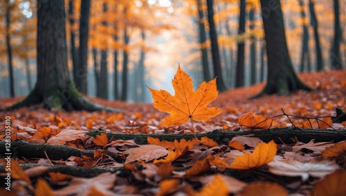 Close-up view of a vibrant orange maple leaf on the ground surrounded by autumn foliage in a forest setting with tall trees photo