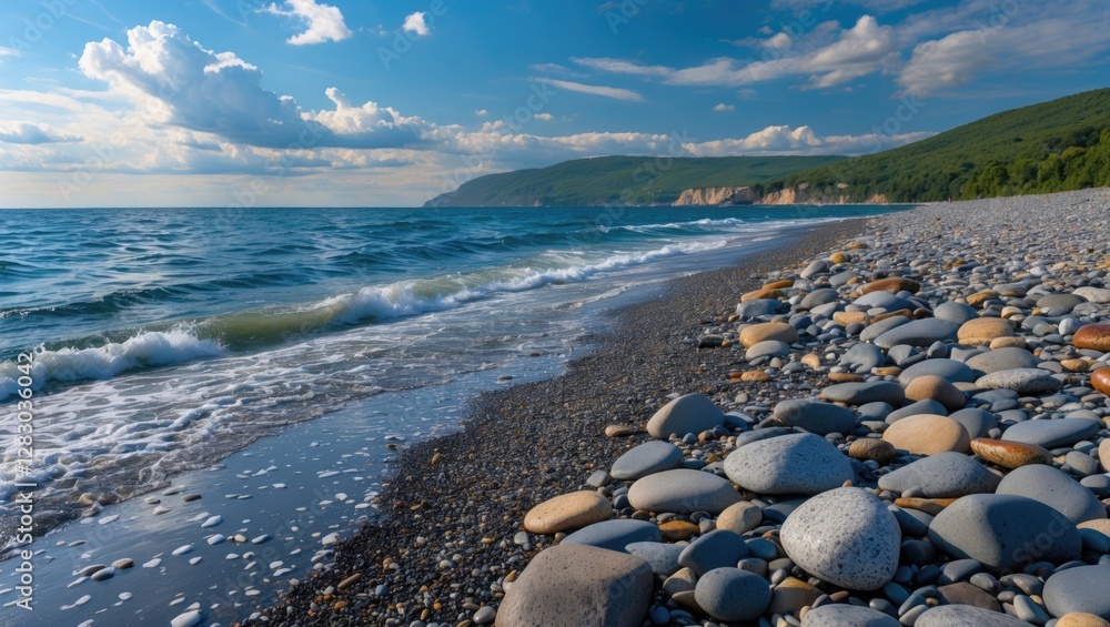 Coastal landscape with pebbled beach gentle waves and distant green hills under a partly cloudy sky at sunset Coastal landscape with pebbled beach gentle waves and distant green hills under a partly cloudy sky at sunset
