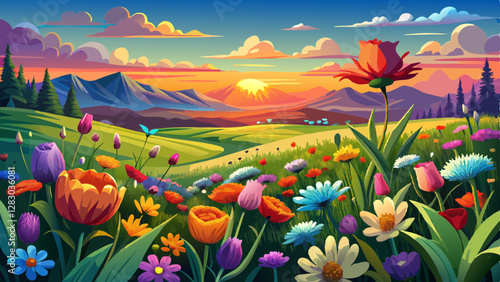 Beautiful scenic colorful wild flower field meadow sunset evening sunrise morning summertime nature landscape panorama. Vibrant multicolored countryside rural steppe dawn wide panoramic banner