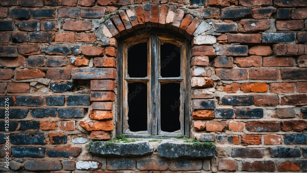 Brick wall with an old wooden window framed by weathered bricks showcasing rustic texture and aged materials Brick wall with an old wooden window framed by weathered bricks showcasing rustic texture and aged materials