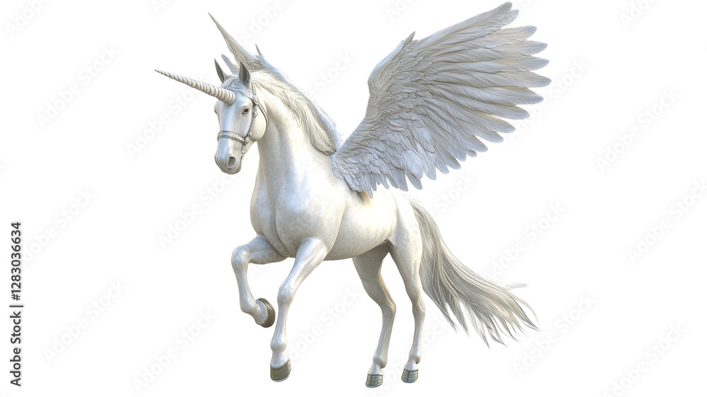 Majestic white unicorn with wings in flight Majestic white unicorn with wings in flight