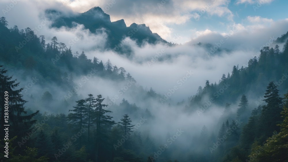 Foggy mountain landscape with dense evergreen forests and mist covering the valley under a cloudy sky during early morning hours Foggy mountain landscape with dense evergreen forests and mist covering the valley under a cloudy sky during early morning hours
