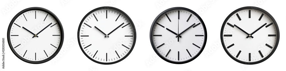 Collection of modern wall clocks showing different times Collection of modern wall clocks showing different times