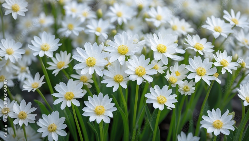 Delicate clusters of bright white flowers with yellow centers creating a serene and calming natural background ideal for various projects. Delicate clusters of bright white flowers with yellow centers creating a serene and calming natural background ideal for various projects.