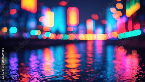 Abstract night cityscape with colorful bokeh lights reflecting on the water surface in urban environment photo