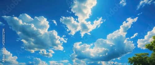 Vibrant blue sky adorned with fluffy white clouds illuminated by the sun on a clear summer day. photo