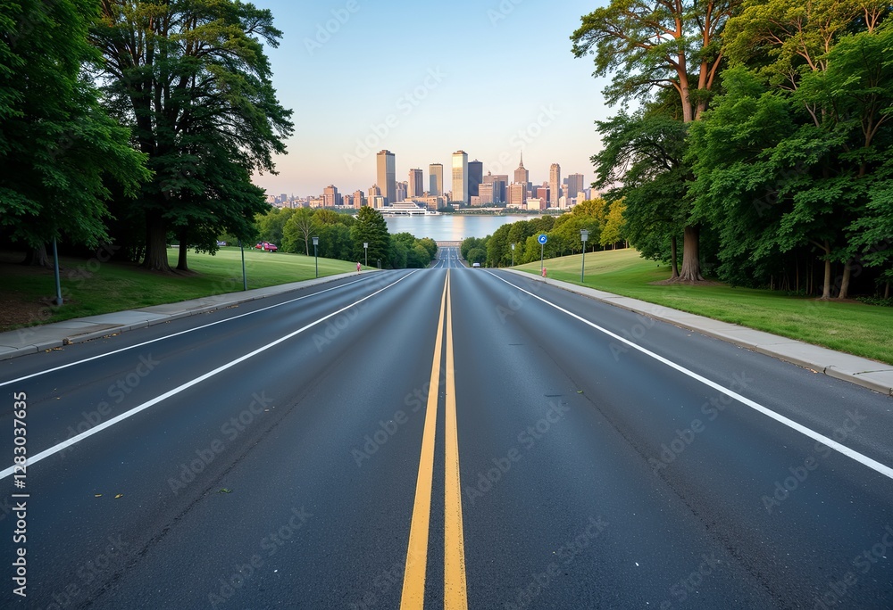 Cityscape Freedom: A vast, empty highway leads to the city skyline, overlooking a river with lush trees, creating a sense of escape and grand adventure under clear skies.
Cityscape Freedom: A vast, empty highway leads to the city skyline, overlooking a river with lush trees, creating a sense of escape and grand adventure under clear skies.