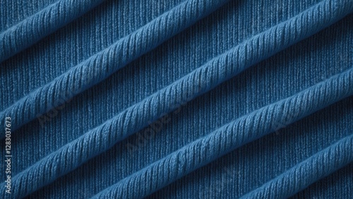 Textured blue knitted ribbing fabric background showcasing soft undulating lines for cozy and warm design themes. photo