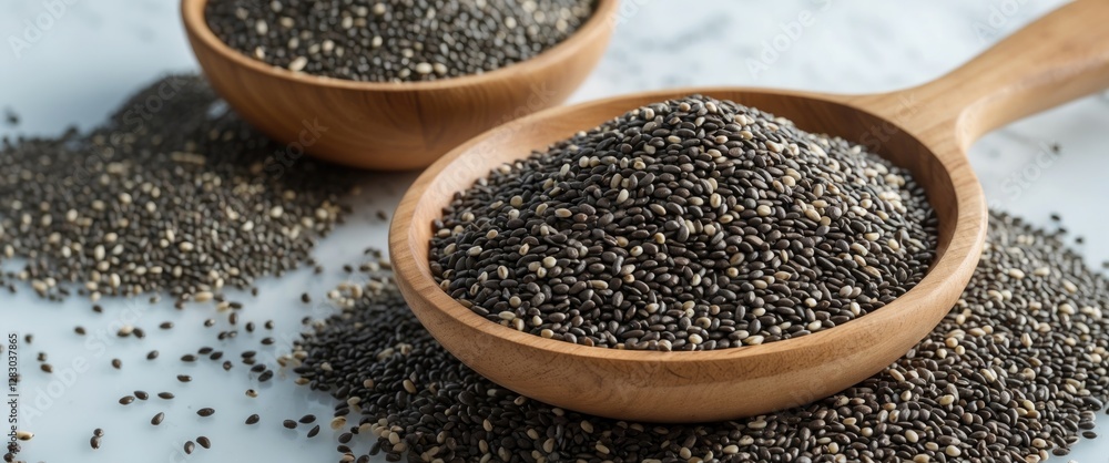 Chia seeds in wooden bowls on a light background with a heap of seeds spilled, showcasing health food and nutrition concepts. Chia seeds in wooden bowls on a light background with a heap of seeds spilled, showcasing health food and nutrition concepts.