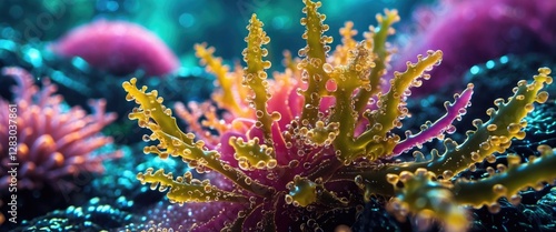 Colorful coral reef ecosystem with vibrant marine life under water, showcasing various coral formations and textures. photo