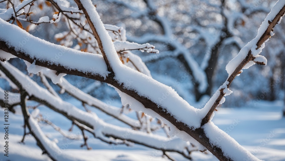 Snow-covered tree branch in a serene winter landscape creating a peaceful and tranquil atmosphere in nature's beauty. Snow-covered tree branch in a serene winter landscape creating a peaceful and tranquil atmosphere in nature's beauty.