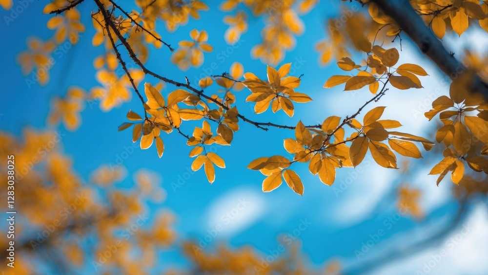 Golden autumn leaves framing a vibrant blue sky creating a serene natural backdrop for seasonal themes and environmental concepts. Golden autumn leaves framing a vibrant blue sky creating a serene natural backdrop for seasonal themes and environmental concepts.