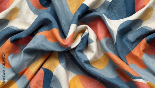 colorful textile fabric with abstract shapes of blue orange and cream draped in folds photo