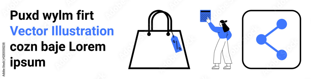 Shopping bag, woman placing a book, and share icon for e-commerce, organization, marketing, simplicity, creativity, connectivity and networking. Ideal for flat landing page banner Shopping bag, woman placing a book, and share icon for e-commerce, organization, marketing, simplicity, creativity, connectivity and networking. Ideal for flat landing page banner