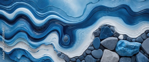 Wallpaper Mural Blue abstract waves of paint with smooth textures and scattered pebbles on a surface in a natural setting Torontodigital.ca
