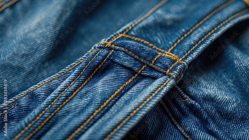Close-up texture of blue denim jeans showcasing seams with shallow depth of field highlighting the fabric details and craftsmanship. Close-up texture of blue denim jeans showcasing seams with shallow depth of field highlighting the fabric details and craftsmanship.