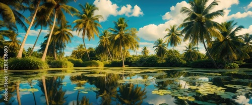 Tropical landscape with palm trees reflected in calm water under blue sky and fluffy white clouds during sunny day photo