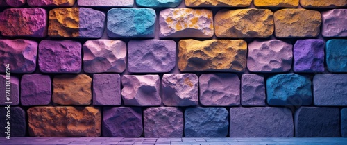 Colorful textured stone wall with varied shapes and illuminated by gradient lighting in shades of purple and orange photo