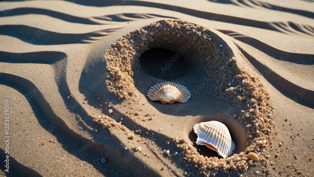 Obraz premium Sand dune with textured patterns, two scallop shells, and a small hole surrounded by fine grains of sand in a coastal environment.