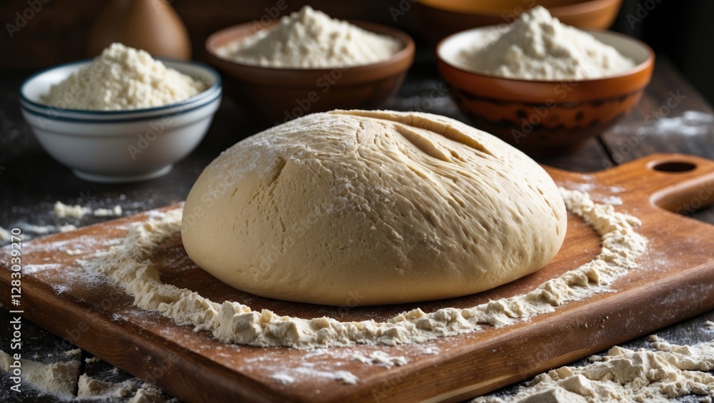 Kneaded dough resting on a wooden cutting board surrounded by bowls of flour on a rustic kitchen countertop Kneaded dough resting on a wooden cutting board surrounded by bowls of flour on a rustic kitchen countertop
