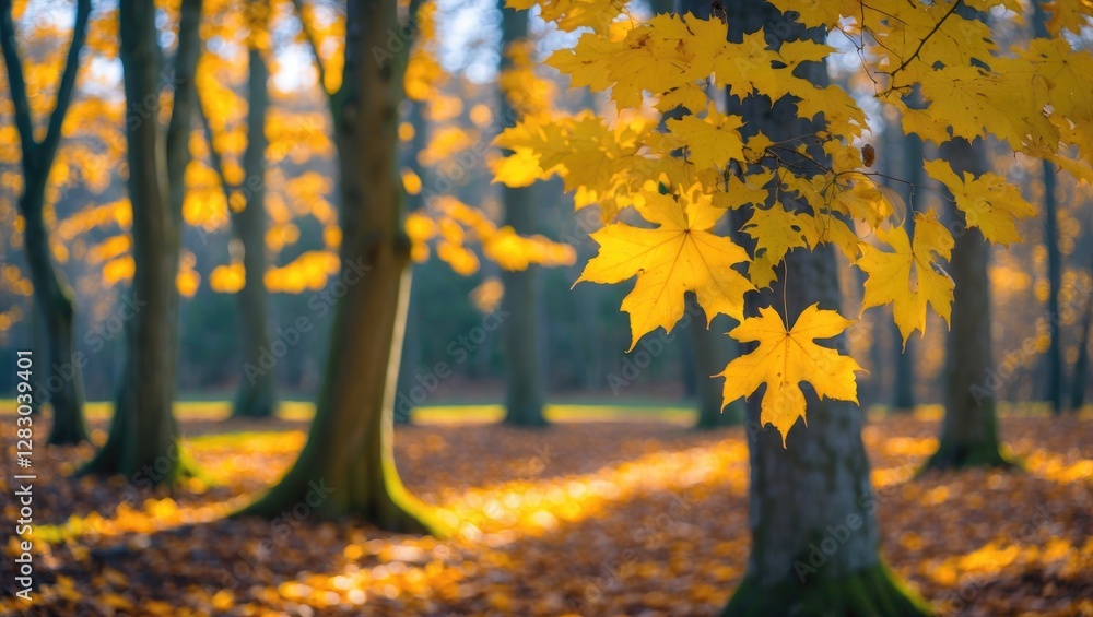 Autumn forest scene with vibrant yellow maple leaves on trees and soft sunlight filtering through the branches on the ground Autumn forest scene with vibrant yellow maple leaves on trees and soft sunlight filtering through the branches on the ground